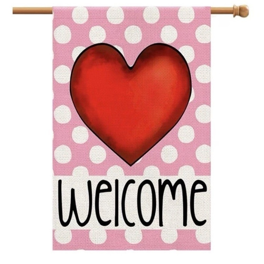 Valentine Welcome Polka Dot Heart House Flag 28x40 C972
